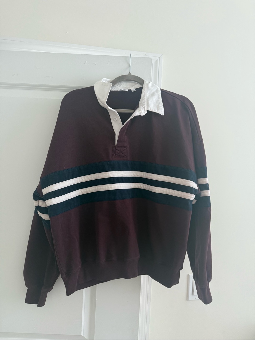 Aritzia Burgundy Rugby Stripe Pullover with White Collar